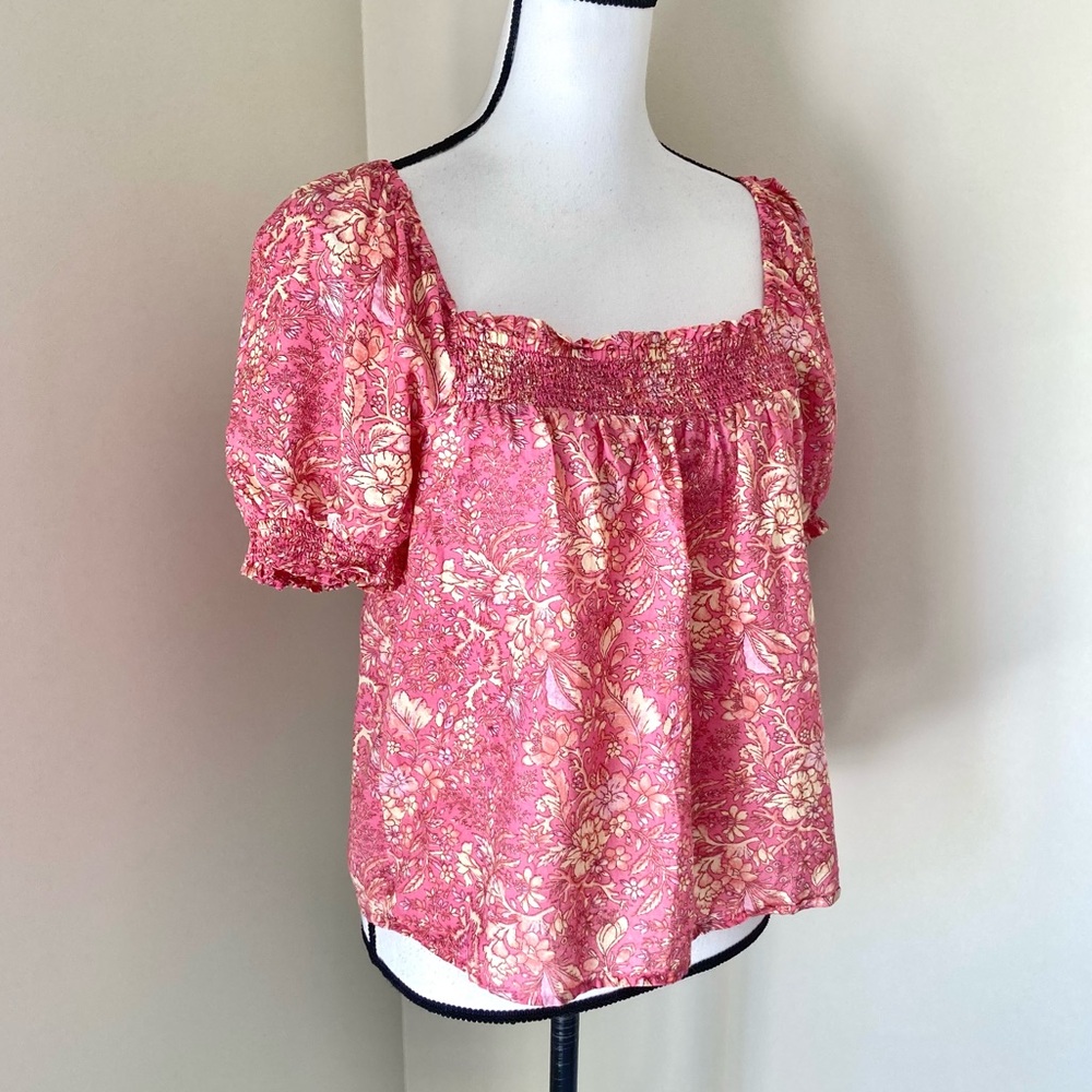 J Crew Floral Square Neck Smocked Top in Pink and Cream Size M - Picture 2 of 7